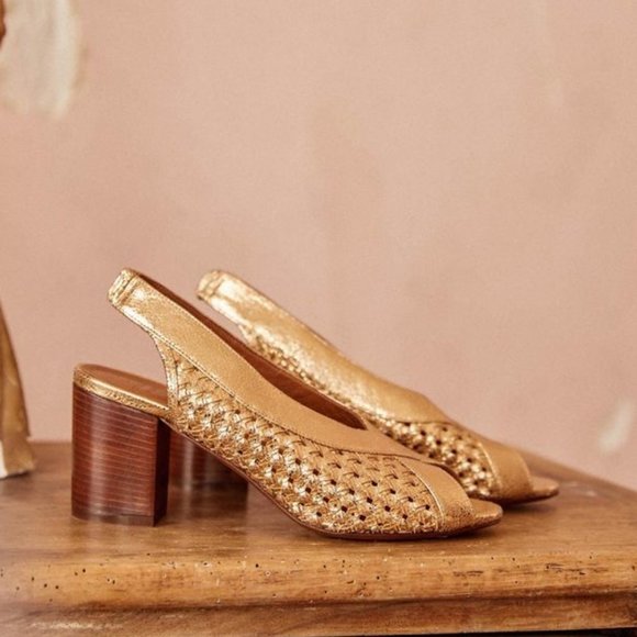 Sezane Shoes - Sezane Lou Courts Woven Gold Slingback Heels 38 7